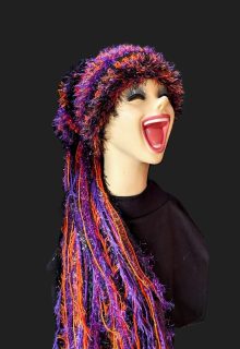 Halloween Custom Crocheted Hat for Parties, Parades in Black/Purple/Orange with Sparkle & Fringe