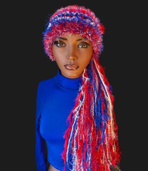 July 4th-Independence Day-Patriotic-Flag Day-Veterans Day Custom Handmade Fun Hat - Crocheted with Sparkle, Bling, Fringe & Fur in Red/White/Blue.