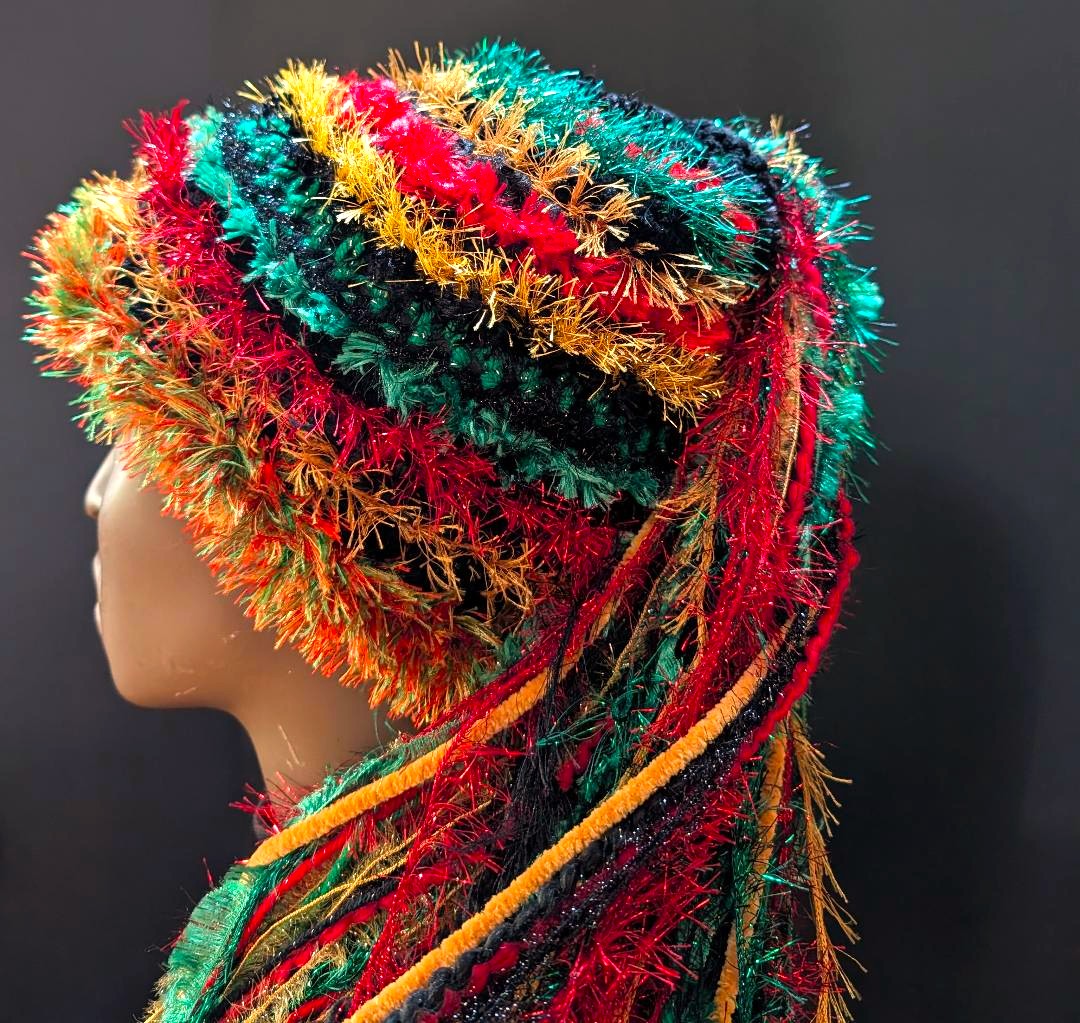 Handmade Crocheted Rasta Hat, Unique Gift with Sparkle & Fringe in Black/Red/Green/Gold - Image 3