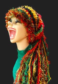 Handmade Crocheted Rasta Hat, Unique Gift with Sparkle & Fringe in Black/Red/Green/Gold