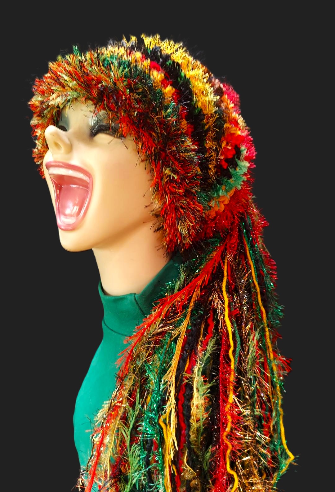 Bright Rasta Black, Red, Green & Gold Slouchy Beanie with Sparkle, Texture & Fur with Long Tail Fringe
