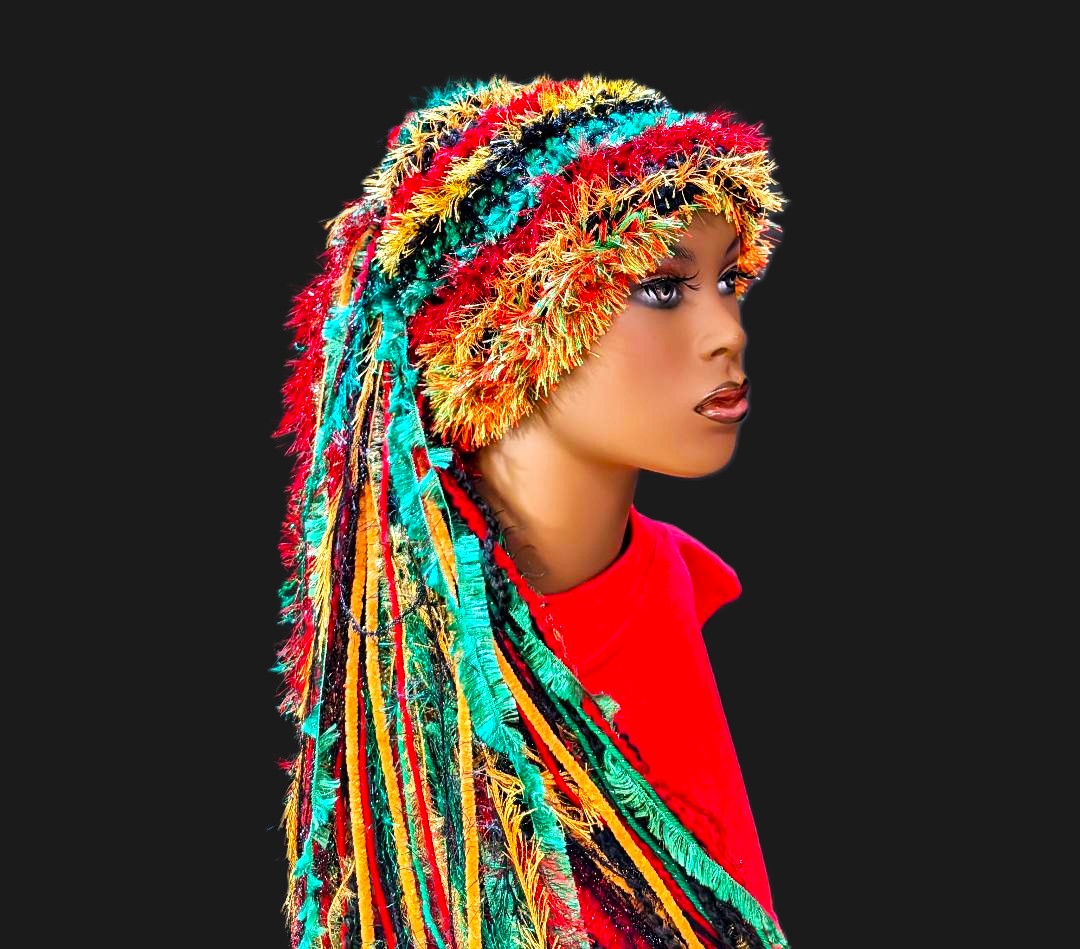 Handmade Crocheted Rasta Hat, Unique Gift with Sparkle & Fringe in Black/Red/Green/Gold - Image 5