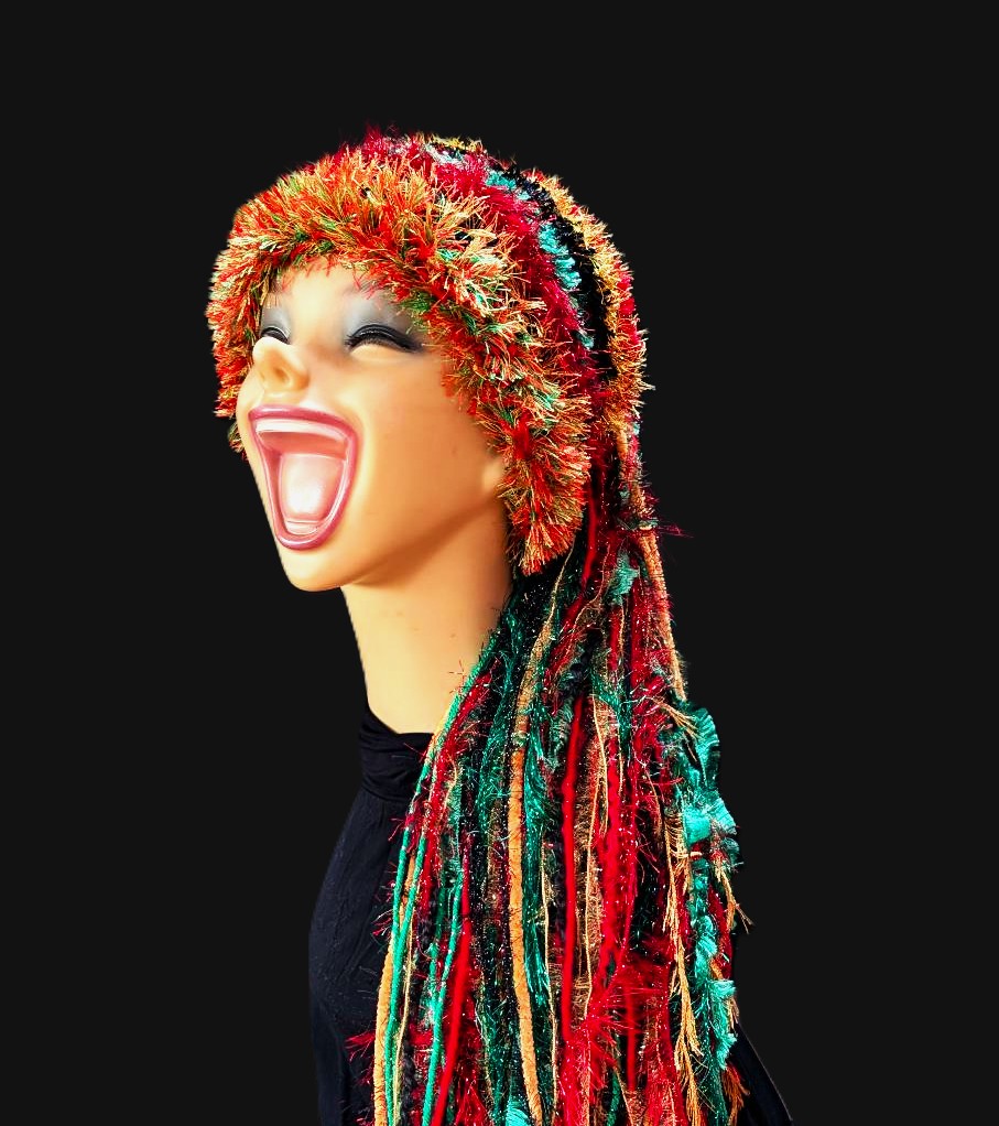 Handmade Crocheted Rasta Hat, Unique Gift with Sparkle & Fringe in Black/Red/Green/Gold - Image 6