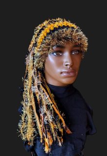 Black & Gold School Team Colors Custom Crocheted Hat with Sparkle & Fringe