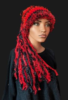Red & Black School Team Colors Custom Crocheted Hat with Sparkle & Fringe