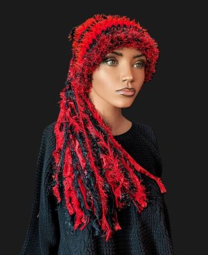 Red & Black School Team Spirit Colors - Custom Handmade Hat Crocheted with Sparkle, Bling, Fringe & Fur for Adults & Kids.