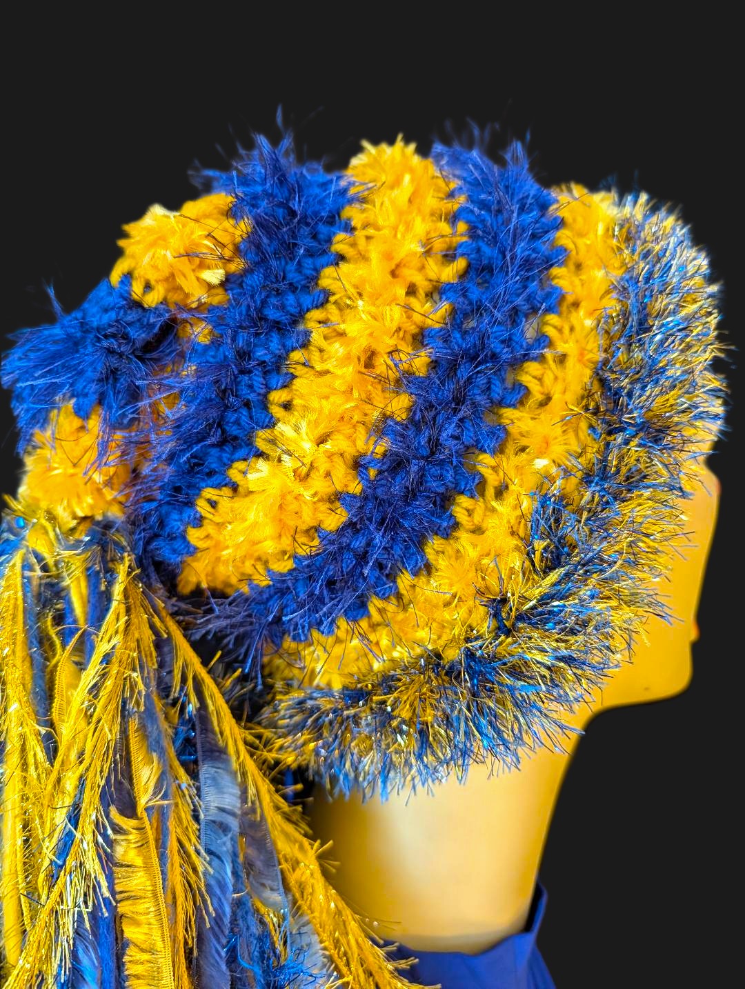 Blue & Gold School Team Colors Custom Crocheted Hat with Sparkle & Fringe - Image 6