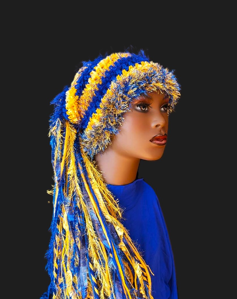 Blue & Gold School Team Colors Custom Crocheted Hat with Sparkle & Fringe - Image 4