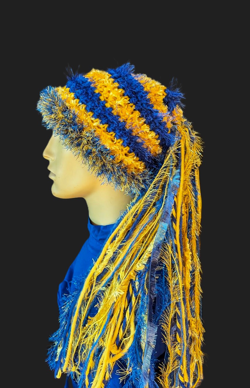 Blue & Gold School Team Colors Custom Crocheted Hat with Sparkle & Fringe - Image 3