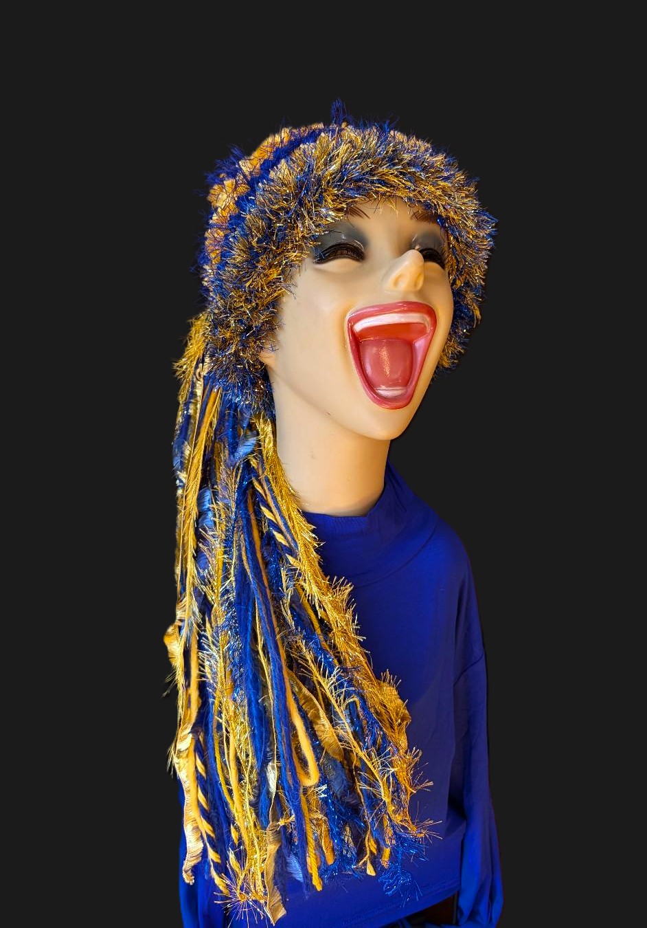 Blue & Gold School Team Colors Custom Crocheted Hat with Sparkle & Fringe - Image 2