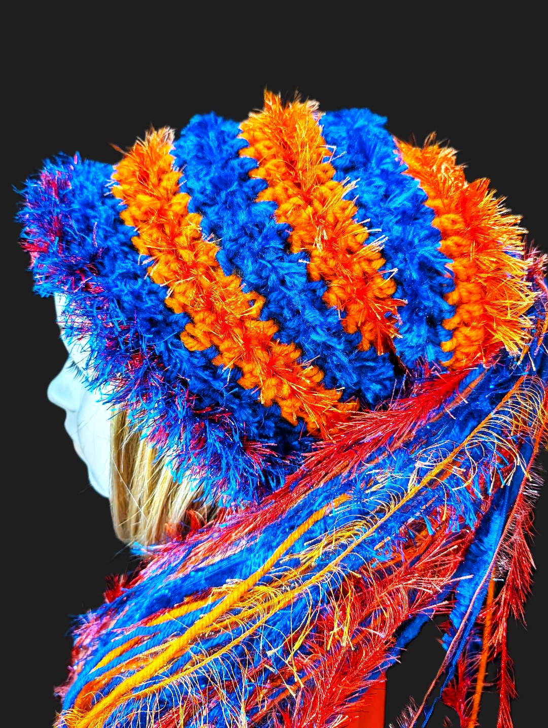 Royal Blue & Orange School Team Colors Custom Crocheted Hat with Sparkle & Fringe - Image 6