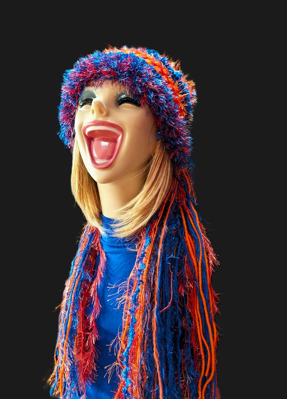 Royal Blue & Orange Bright Slouchy Beanie with Sparkle, Texture, Fur & Long Tail Fringe.