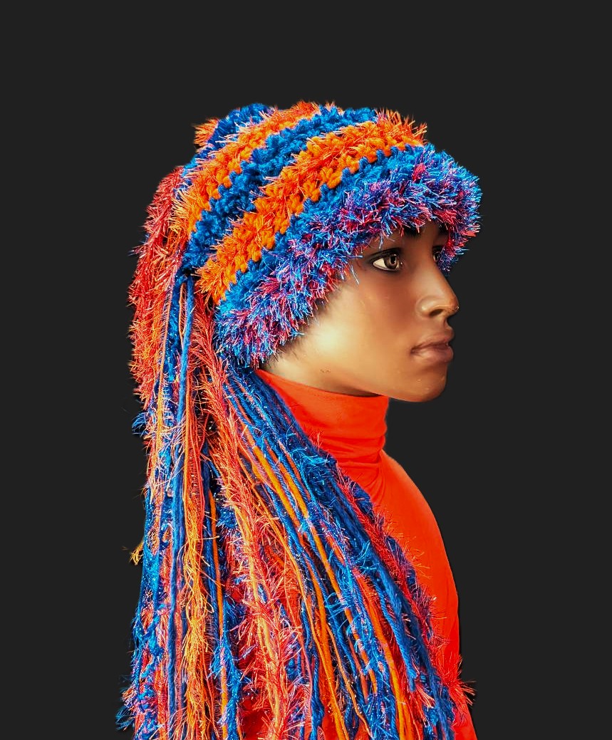 Royal Blue & Orange School Team Colors Custom Crocheted Hat with Sparkle & Fringe - Image 5