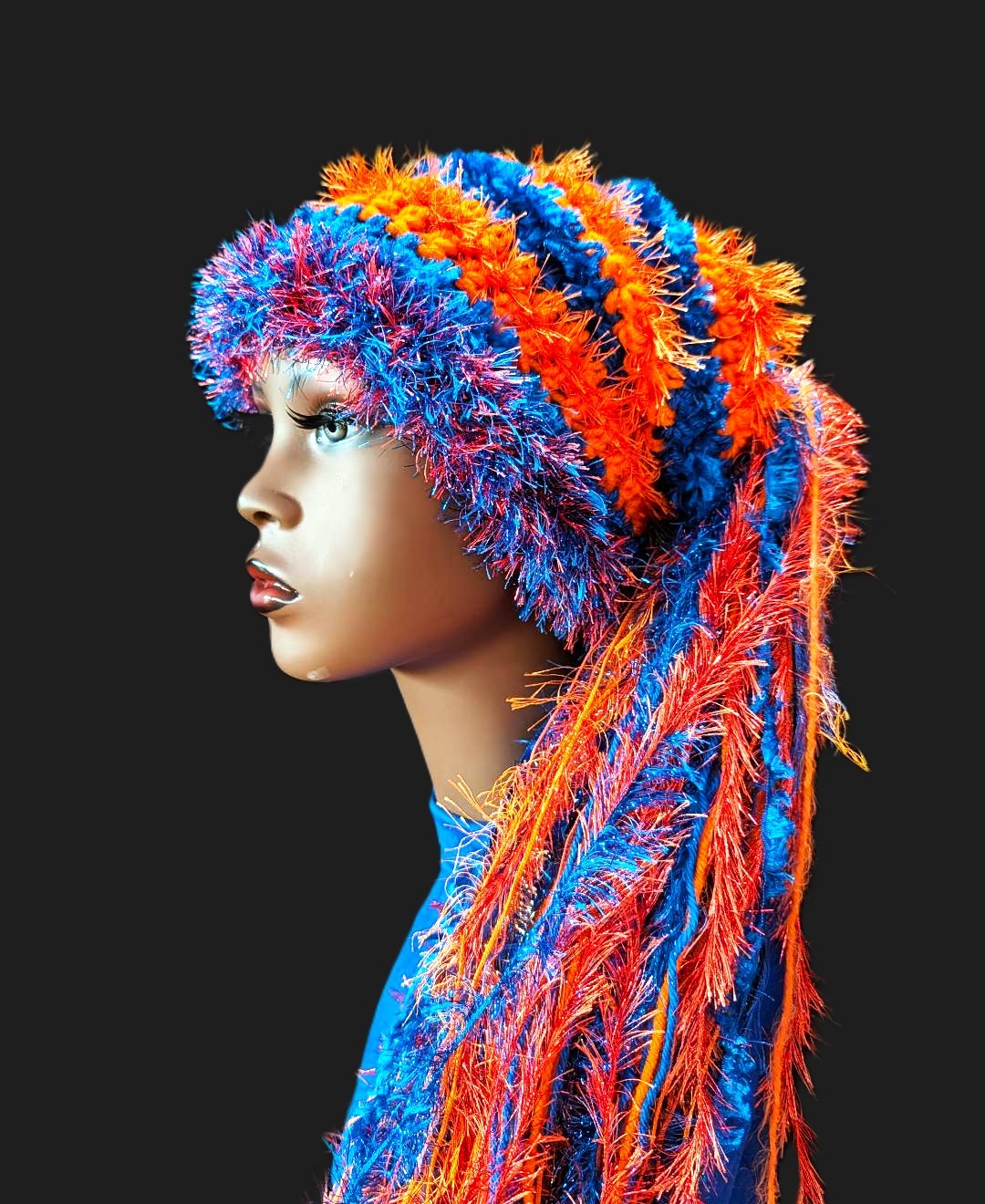 Royal Blue & Orange School Team Colors Custom Crocheted Hat with Sparkle & Fringe - Image 3