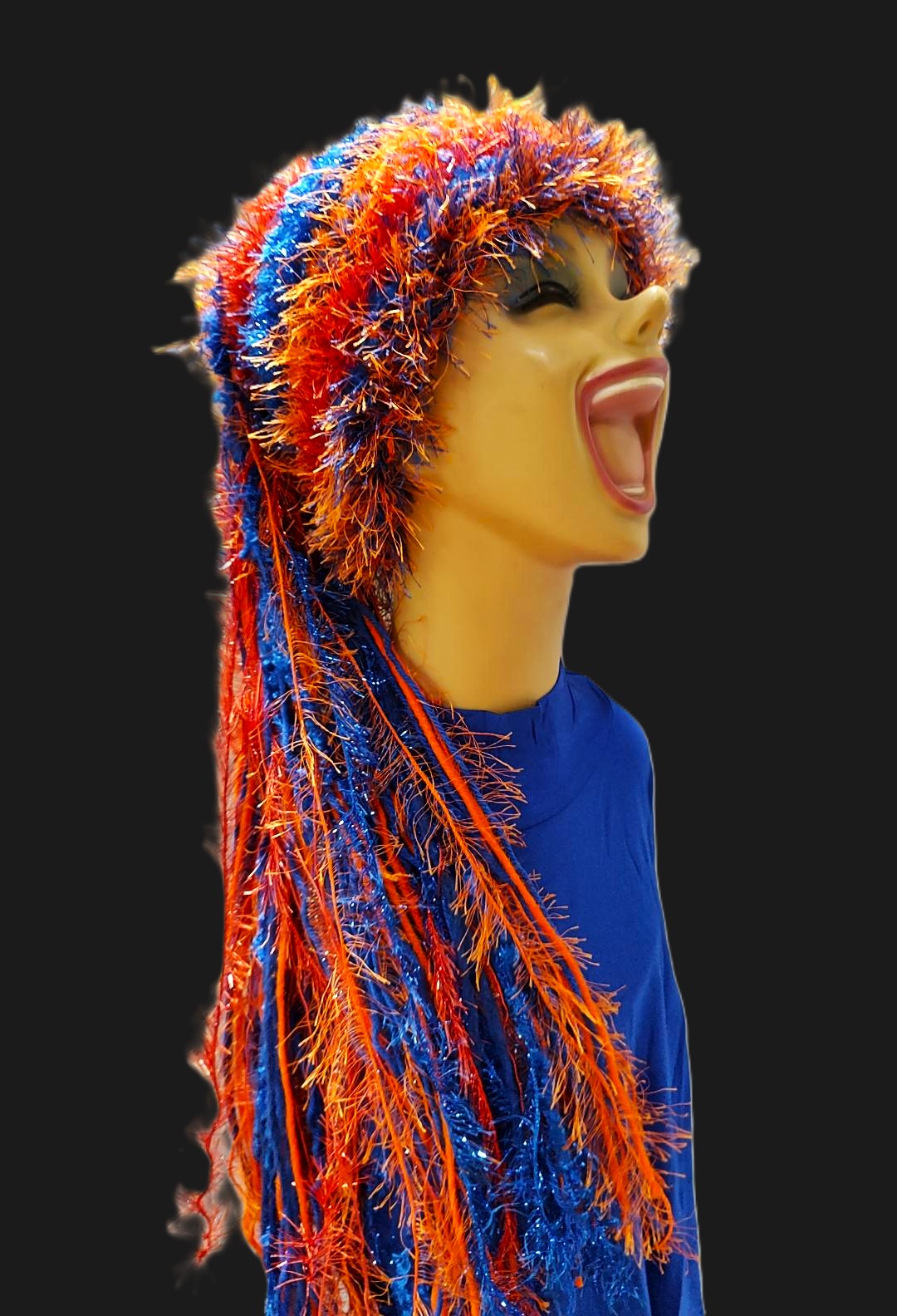 Royal Blue & Orange School Team Colors Custom Crocheted Hat with Sparkle & Fringe - Image 2