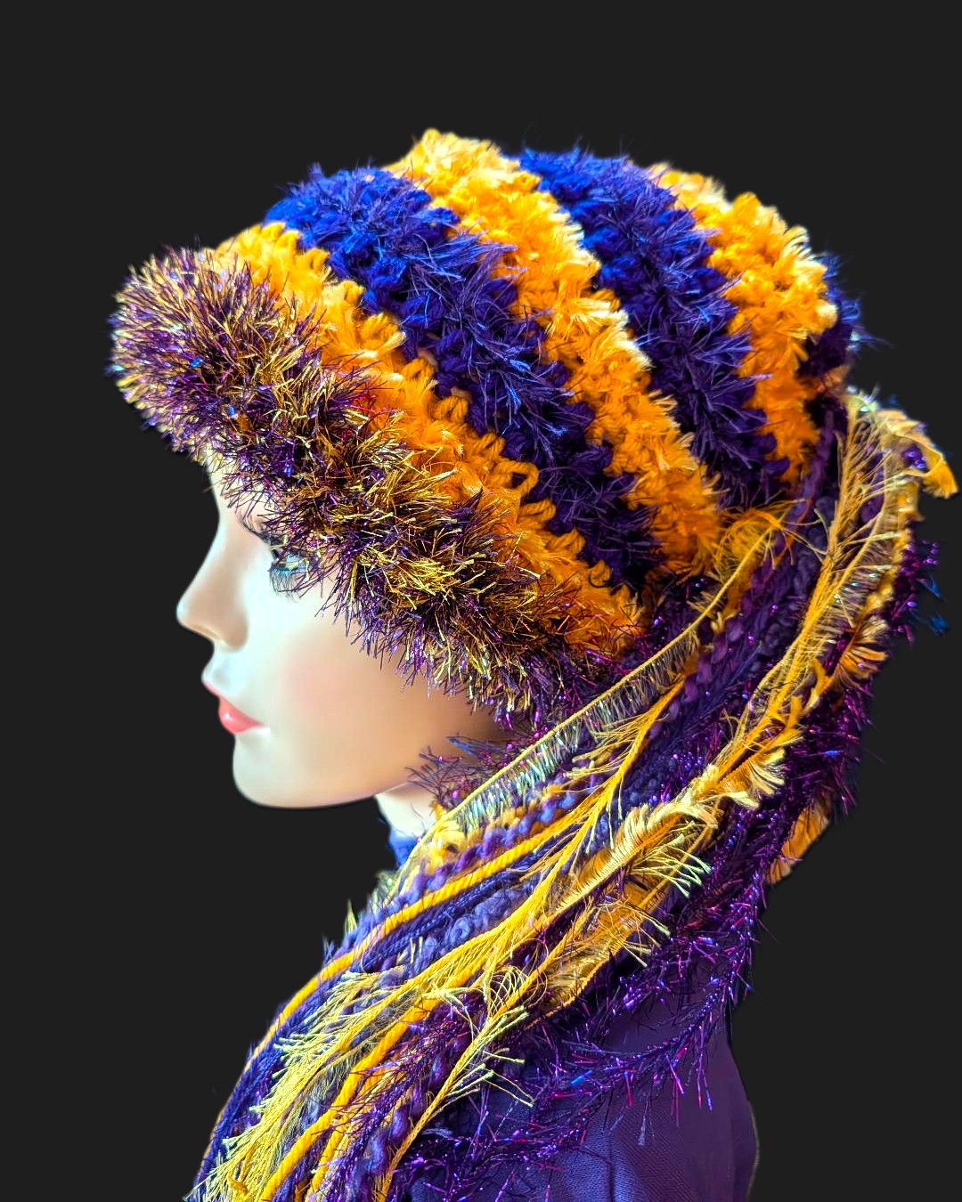 Purple & Gold School Team Colors Custom Crocheted Hat with Sparkle & Fringe. - Image 6