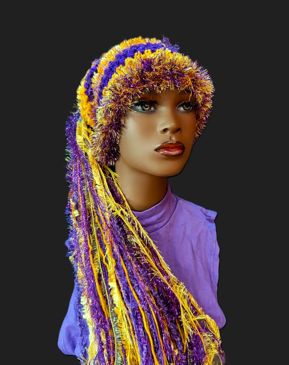 Purple & Gold School Team Colors Custom Crocheted Hat with Sparkle & Fringe. - Image 4