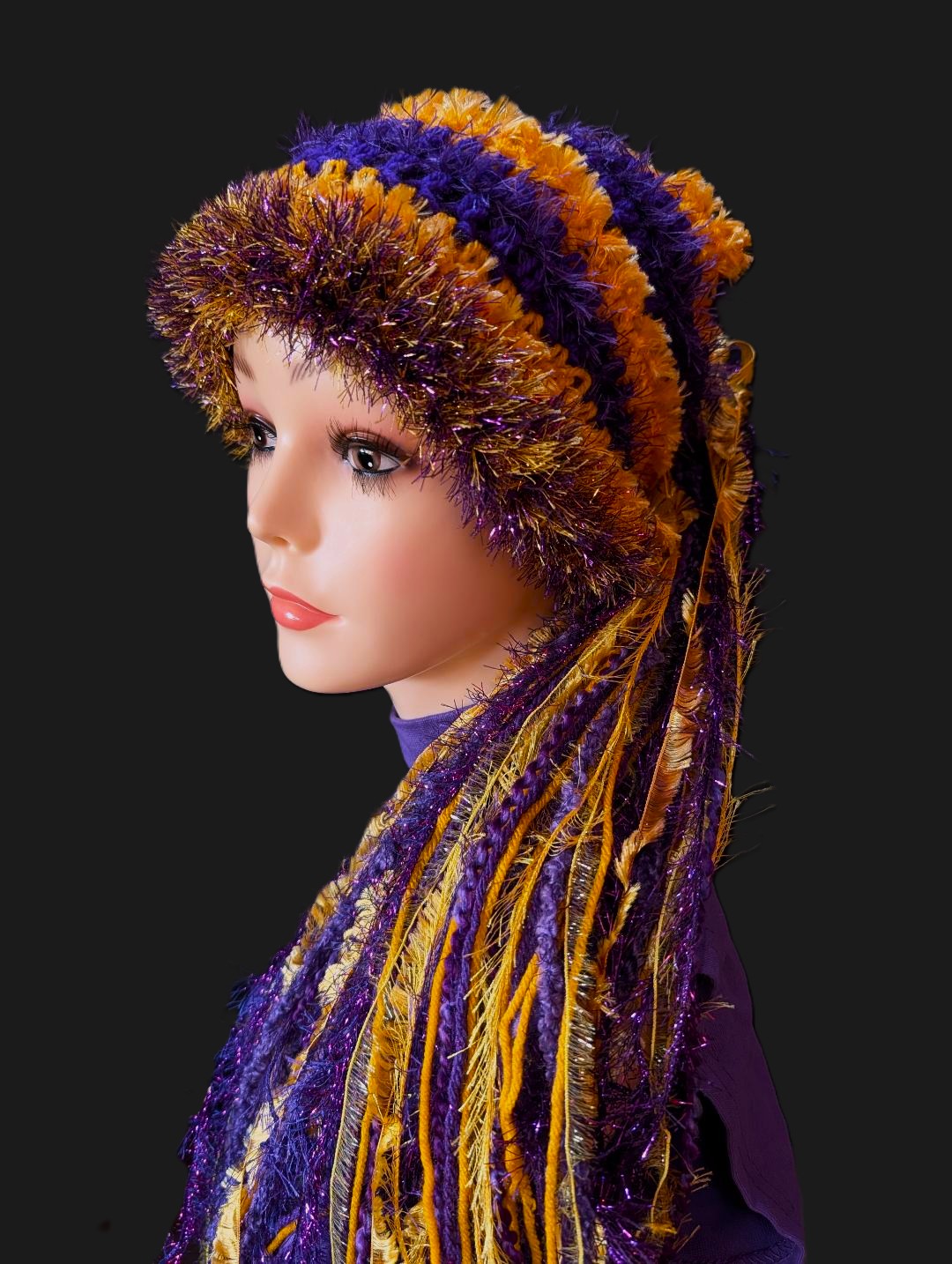 Purple & Gold School Team Colors Custom Crocheted Hat with Sparkle & Fringe. - Image 3