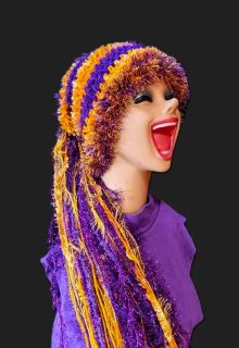 Purple & Gold School Team Colors Custom Crocheted Hat with Sparkle & Fringe.