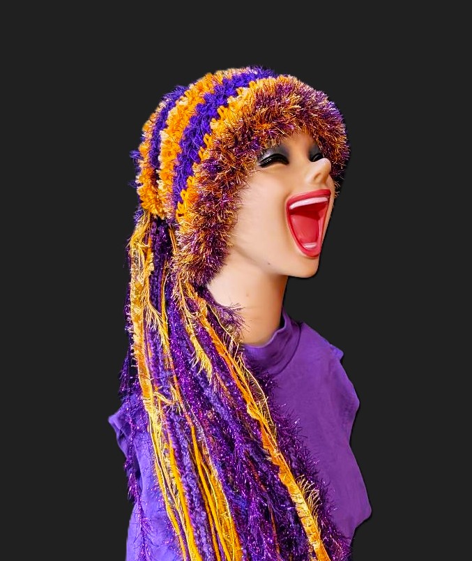 Purple & Gold Slouchy Beanie with Sparkle,, Texture, Fur & Long Tail Fringe