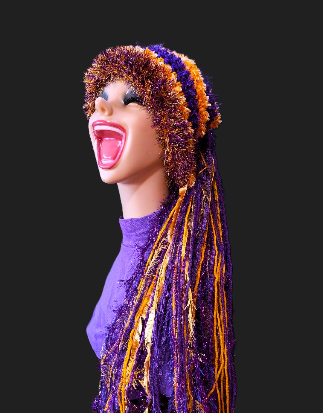 Purple & Gold School Team Colors Custom Crocheted Hat with Sparkle & Fringe. - Image 2