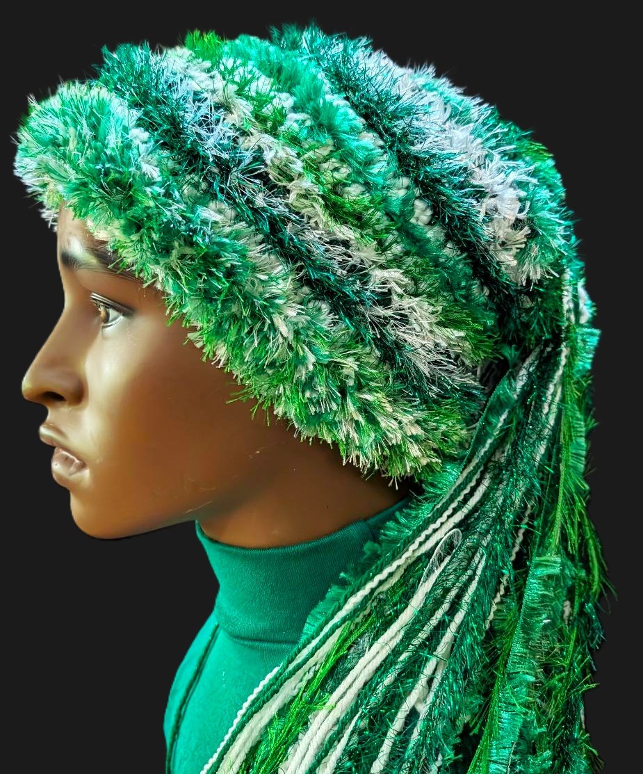 St. Patrick's Day Custom Crocheted Hat for Parties, Parades in Green & White with Sparkle & Fringe - Image 5