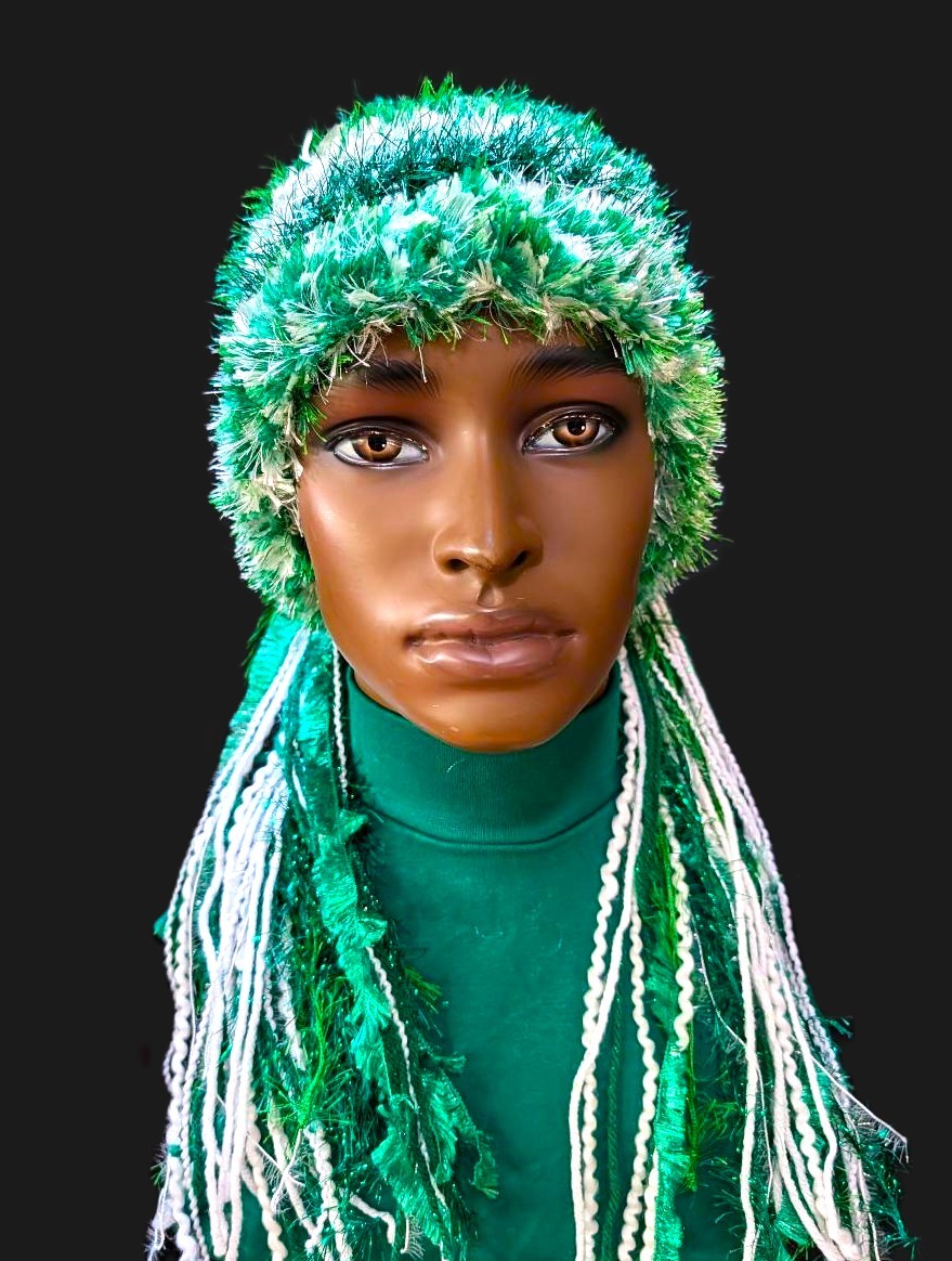 St. Patrick's Day Custom Crocheted Hat for Parties, Parades in Green & White with Sparkle & Fringe - Image 7