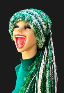 St. Patrick’s Day Custom Crocheted Hat for Parties, Parades in Green & White with Sparkle & Fringe