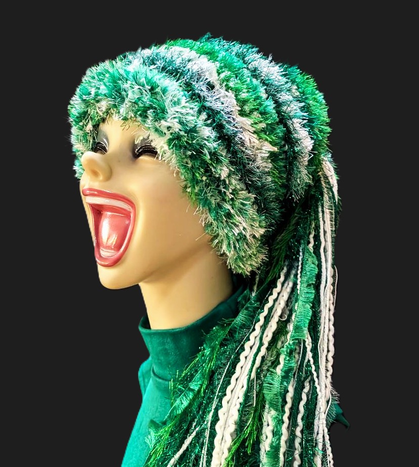 St. Patrick's Day Custom Crocheted Hat for Parties, Parades in Green & White with Sparkle & Fringe - Image 6
