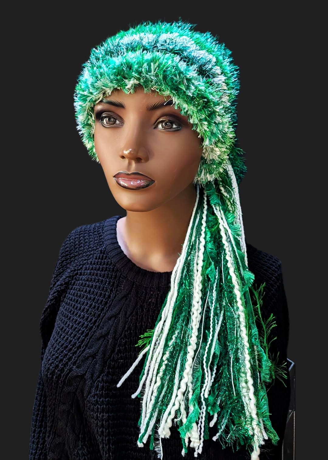 St. Patrick's Day Custom Crocheted Hat for Parties, Parades in Green & White with Sparkle & Fringe - Image 2