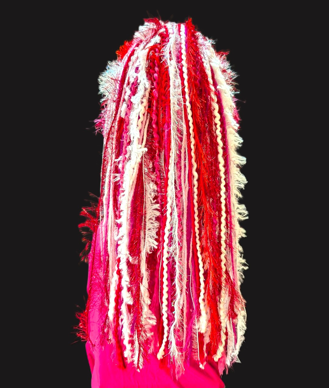 Valentine's Day Custom Crocheted Hat for Parties, Unique Gift in Red/White/Pinks with Sparkle & Fringe - Image 4