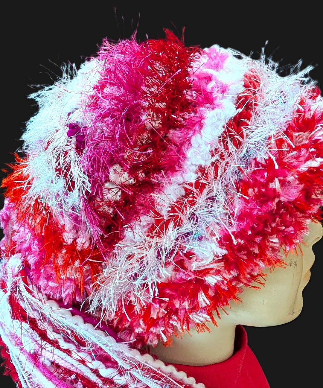 Valentine's Day Custom Crocheted Hat for Parties, Unique Gift in Red/White/Pinks with Sparkle & Fringe - Image 7