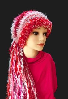 Valentine’s Day Custom Crocheted Hat for Parties, Unique Gift in Red/White/Pinks with Sparkle & Fringe