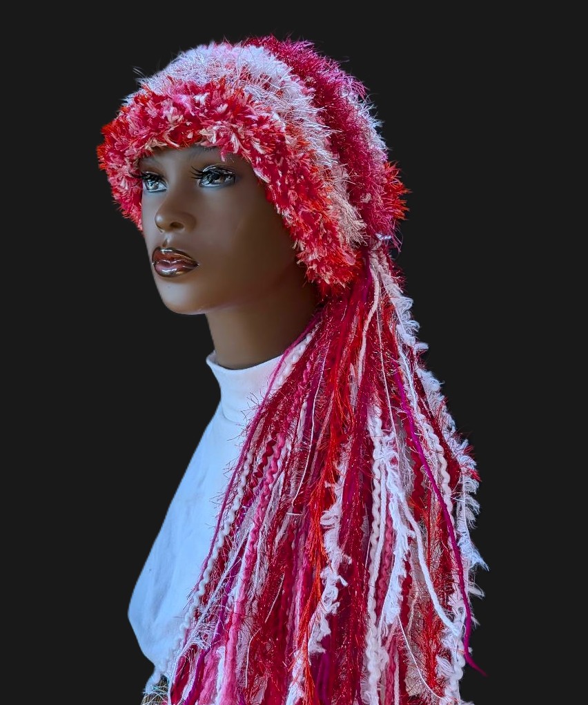 Valentine's Day Custom Crocheted Hat for Parties, Unique Gift in Red/White/Pinks with Sparkle & Fringe - Image 6