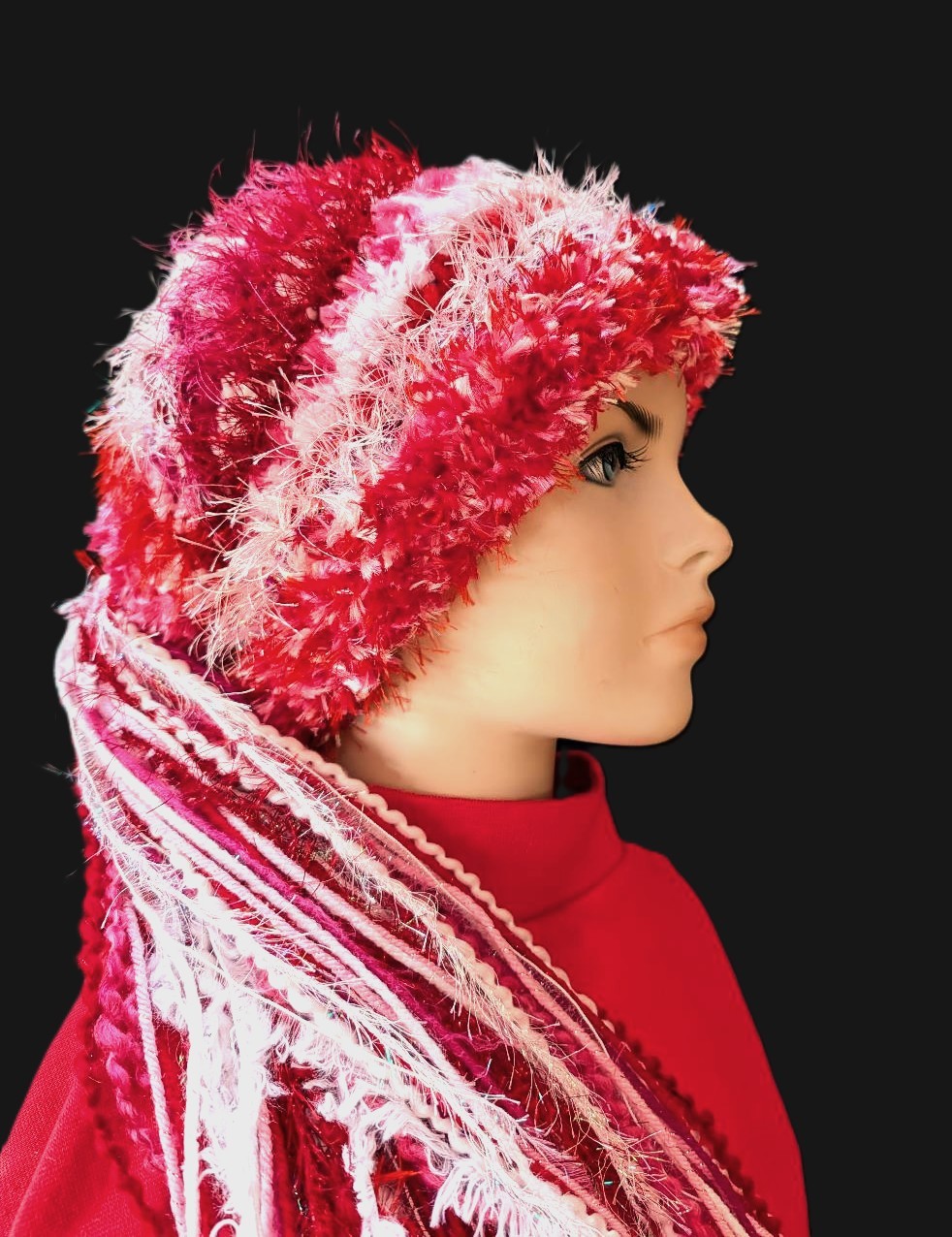 Valentine's Day Custom Crocheted Hat for Parties, Unique Gift in Red/White/Pinks with Sparkle & Fringe - Image 5