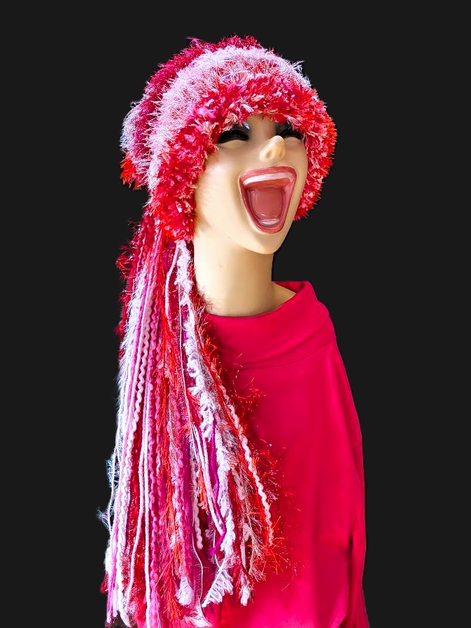 Valentine's Day Custom Crocheted Hat for Parties, Unique Gift in Red/White/Pinks with Sparkle & Fringe - Image 3