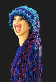 Custom Crocheted Festival Party Hat with Sparkle & Fringe in Blue/Purple/Teal