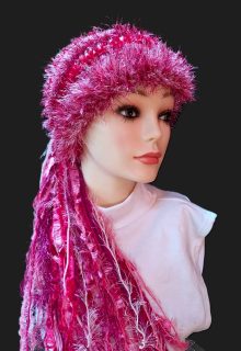 Handmade Crocheted Hat, Unique Gift with Sparkle & Fringe in Pinks