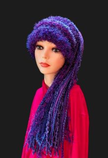 Handmade Crocheted Hat, Unique Gift with Sparkle & Fringe in Purples.