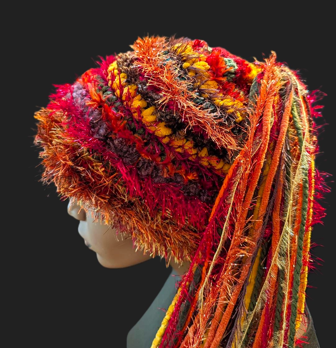 Gold-Burnt Orange-Burgundy-Sage Green-Brown Slouchy Beanie Hat with Sparkle Texture & Fur and Long Tail Fringe - Close Up of Crown of Hat.