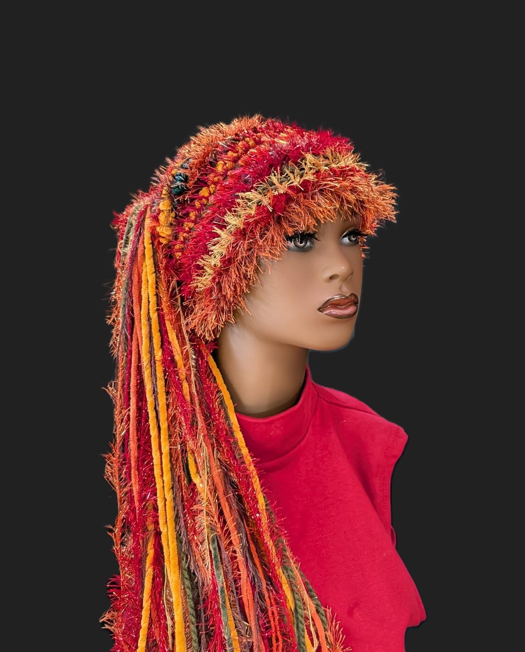 Gold-Burnt Orange-Burgundy-Sage Green-Brown Slouchy Beanie Hat with Sparkle, Texture & Fur and Long Tail Fringe in Corner View.