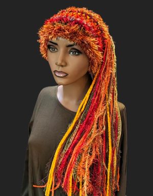 Gold-Burnt Orange-Burgundy-Sage Green-Brown Slouchy Beanie with Sparkle, Text & Fur and Long Tail Fringe.