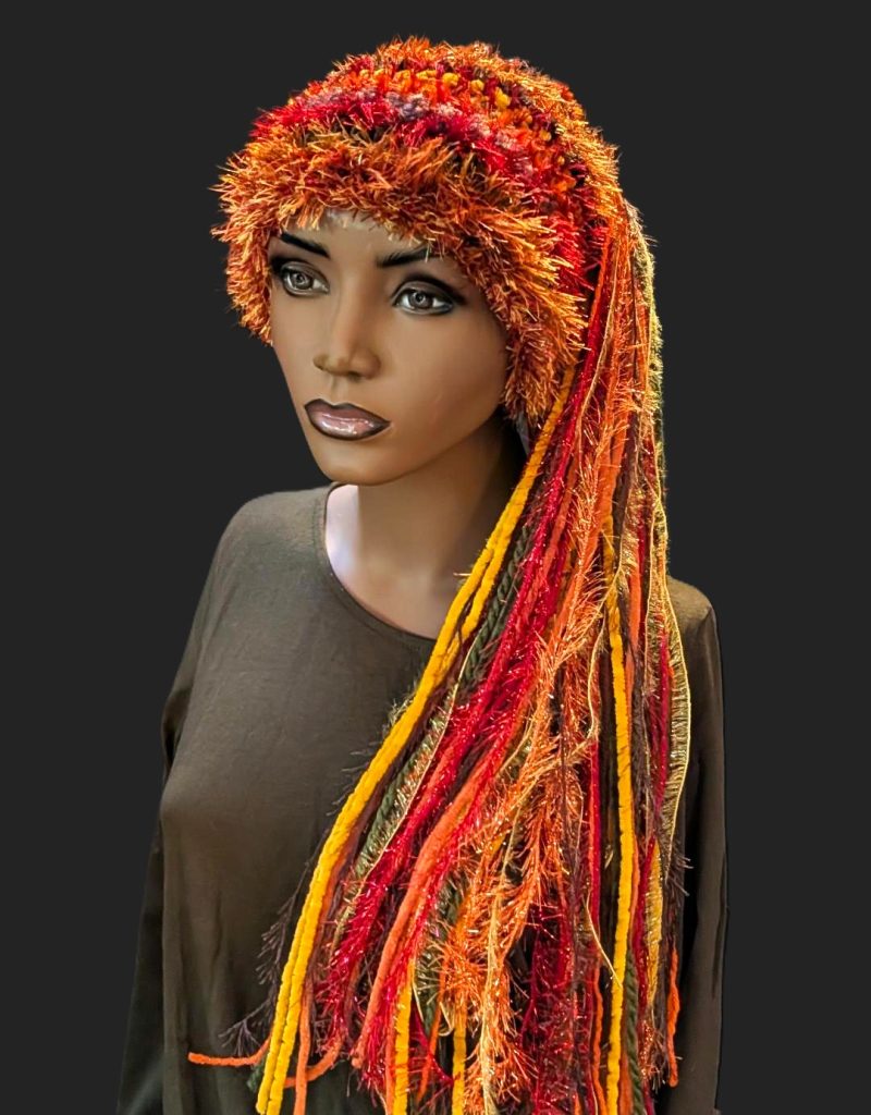 Gold-Burnt Orange-Burgundy-Sage Green-Brown Slouchy Beanie with Sparkle, Text & Fur and Long Tail Fringe.