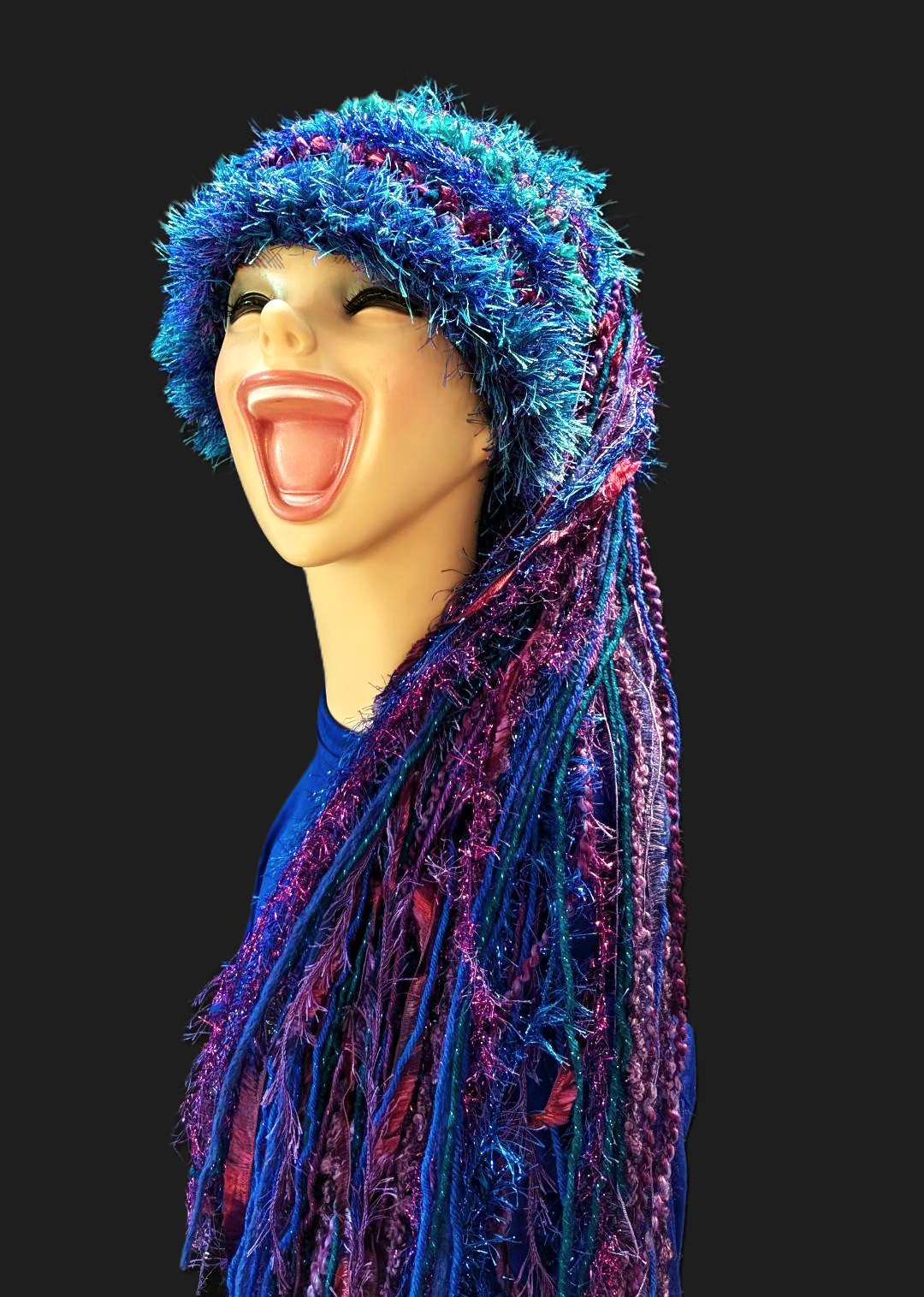Crocheted Bright Slouchy Beanie Hat in Blue-Purple-Teal with Sparkle, Texture, Fur & Long Tail Fringe. Head & Torso View