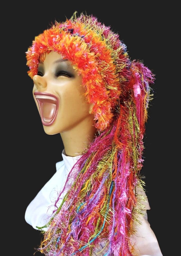 Bright Yellow-Gold-Orange-Hot Pink-Lavender-Aqua-Lime Green Slouchy Beanie Hat with Sparkle, Texture, Fur & Long Tail Fringe - Corner View