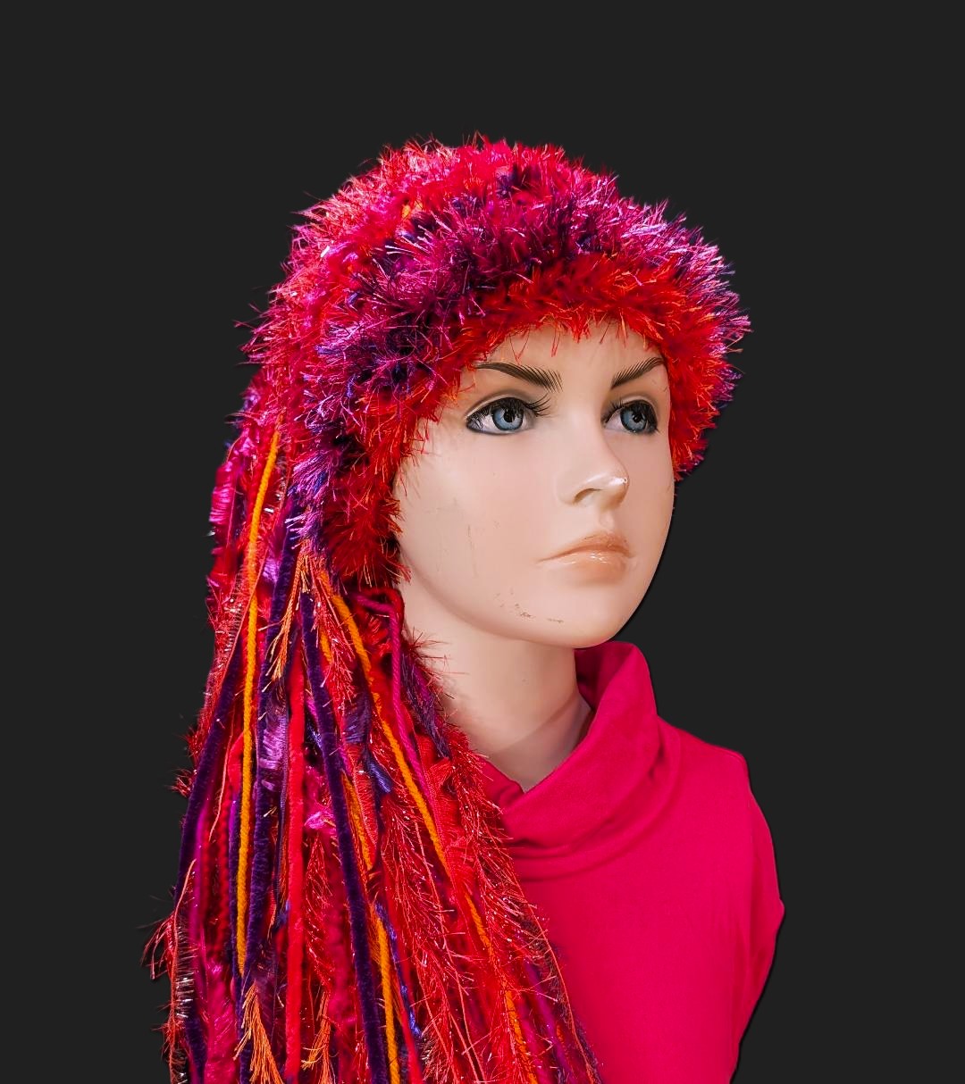 Bright Red, Orange, Hot Pink & Purple Slouchy Beanie Hat with Sparkle, Texture, Fur Long Tail Fringe. Front View
