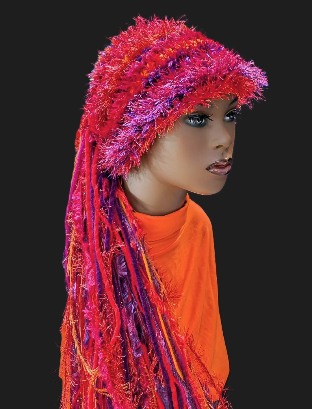 Bright Red, Hot Pink, Orange & Purple Slouchy Beanie Hat with Sparkle, Texture, Fur & Long Tail Fringe. Head & Torso View