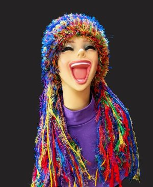 Bright Rainbow Colors Yellow-Gold, Orange, Red, Blue, Purple, Green Slouchy Beanie Hat with Sparkle, Texture, Fur & Long Tail Fringe. Front View