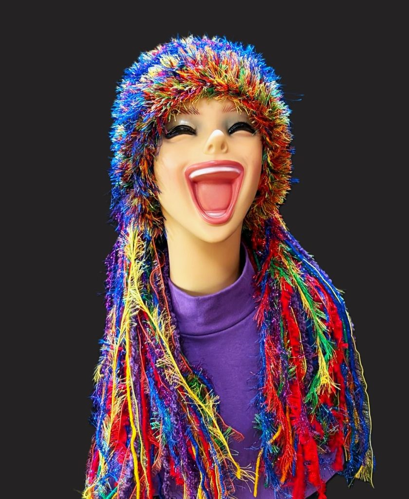 Bright Rainbow Colors Yellow-Gold, Orange, Red, Blue, Purple, Green Slouchy Beanie Hat with Sparkle, Texture, Fur & Long Tail Fringe. Front View