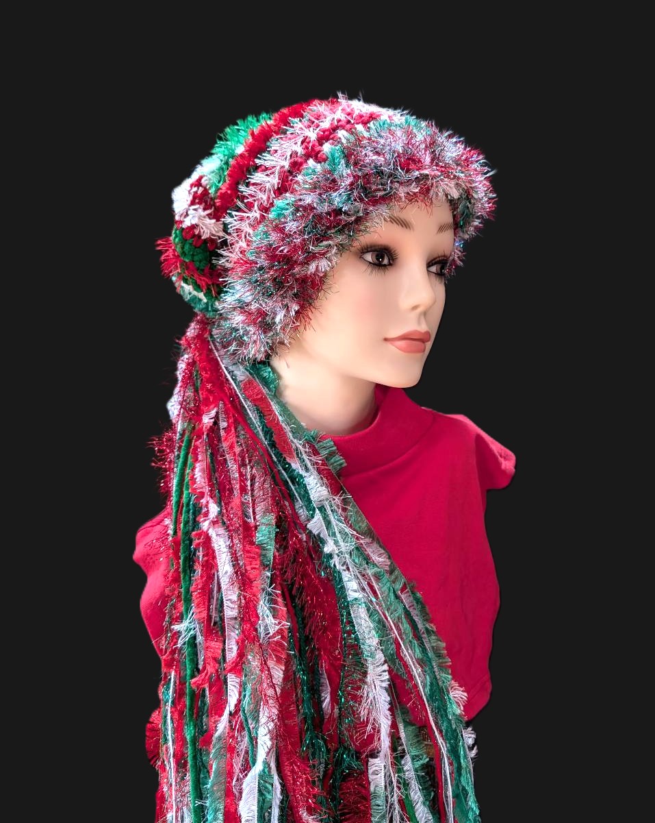 Bright Red, Green, White Christmas Hat with Sparkle, Texture, Fur & Long Tail Fringe. Torso View showing entire Hat length.